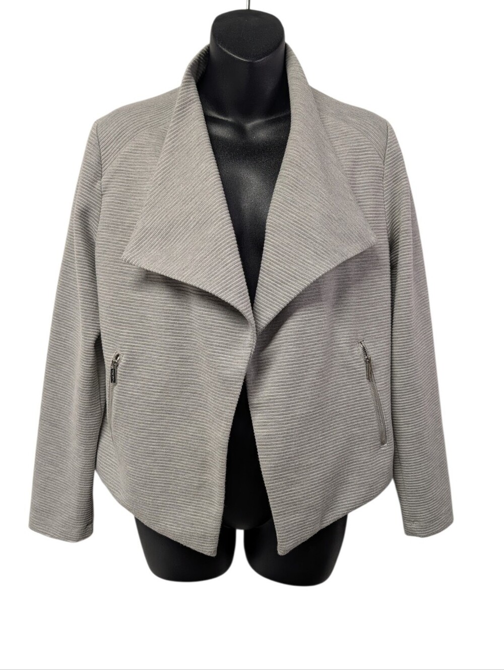 Calvin Klein Women's Gray Stripe Open Front Jacket Zip Pockets Long Sleeve Sz M